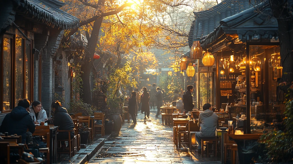 古街小巷内行人往来的悠闲景象