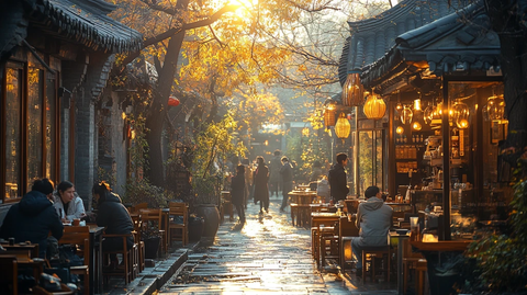 古街小巷内行人往来的悠闲景象