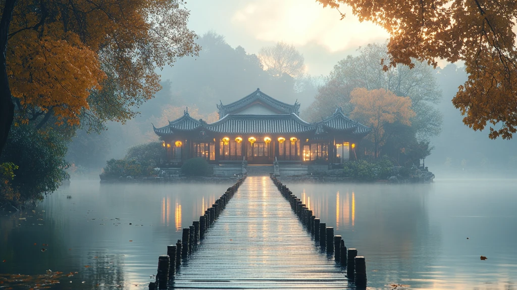 中式园林景观的水边古建筑景致