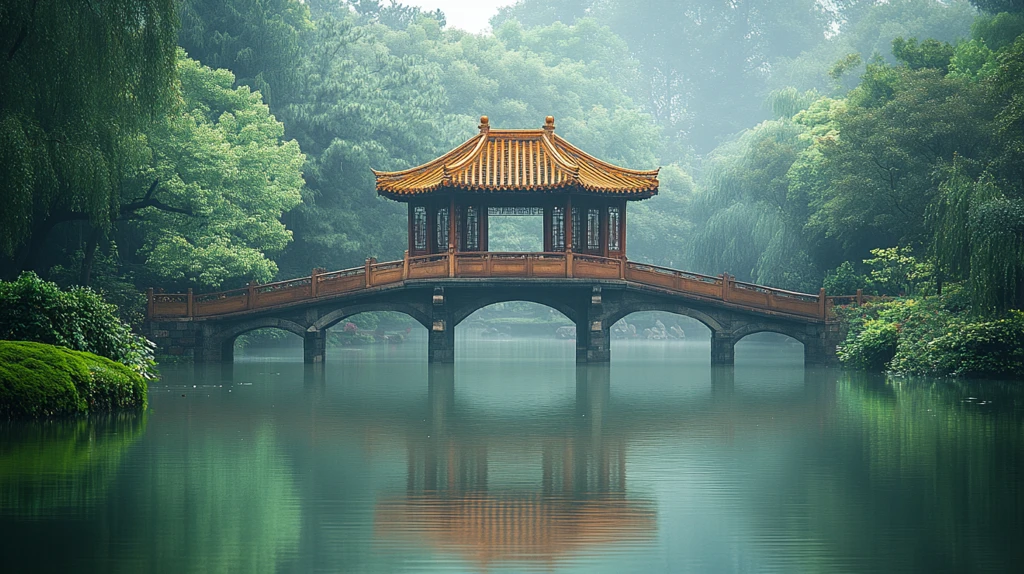 中式园林景观的水边古建筑景致