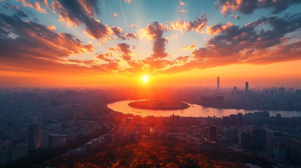 日落时分鸟瞰北京央视大楼全景