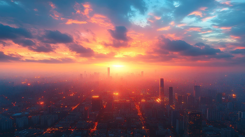 日落时分鸟瞰北京央视大楼全景