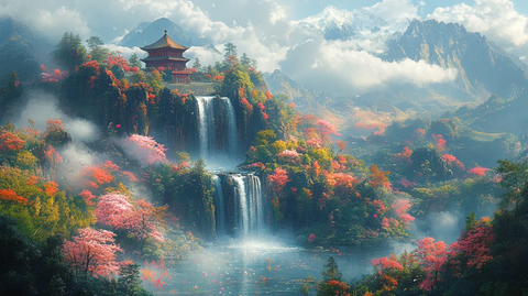 云雾缭绕中的雄伟长城远景图