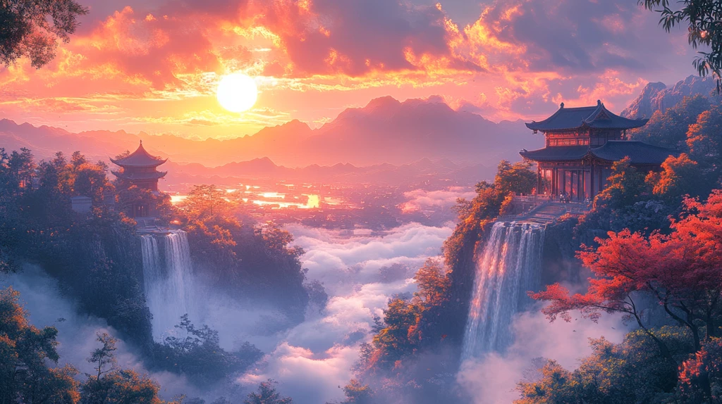 云雾缭绕中的雄伟长城远景图