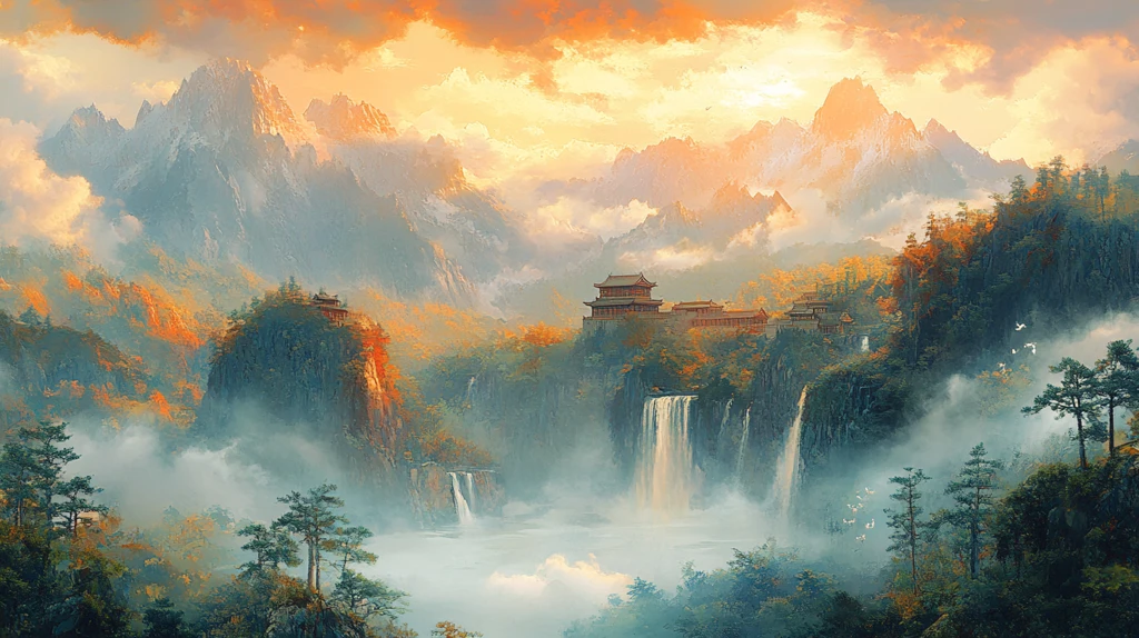 云雾缭绕中的雄伟长城远景图