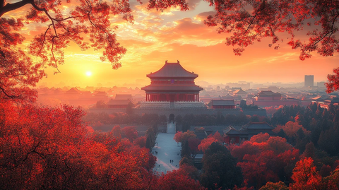 夕阳下故宫古建筑的壮美景观