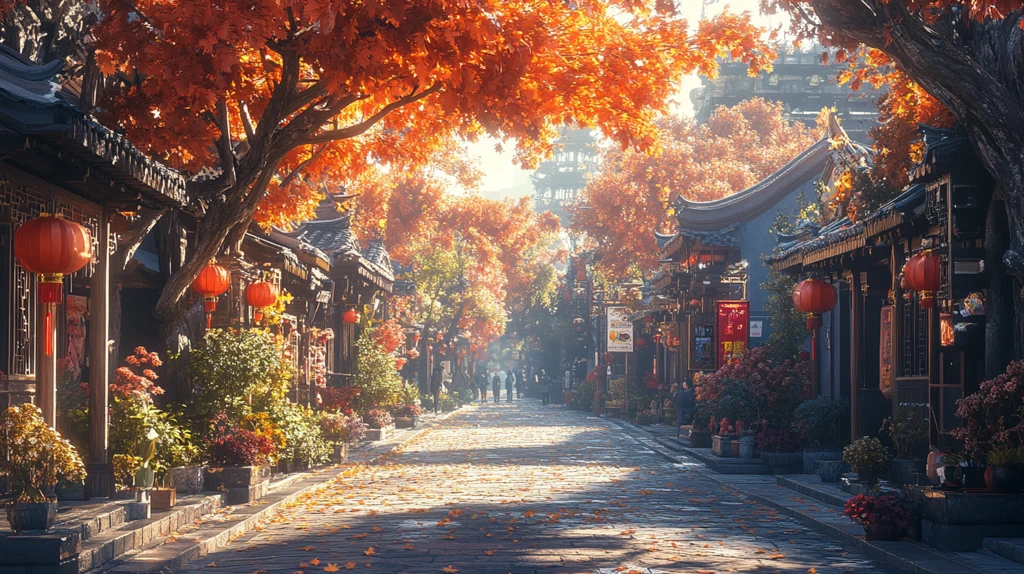 阳光洒在小巷古旧建筑充满秋日氛围