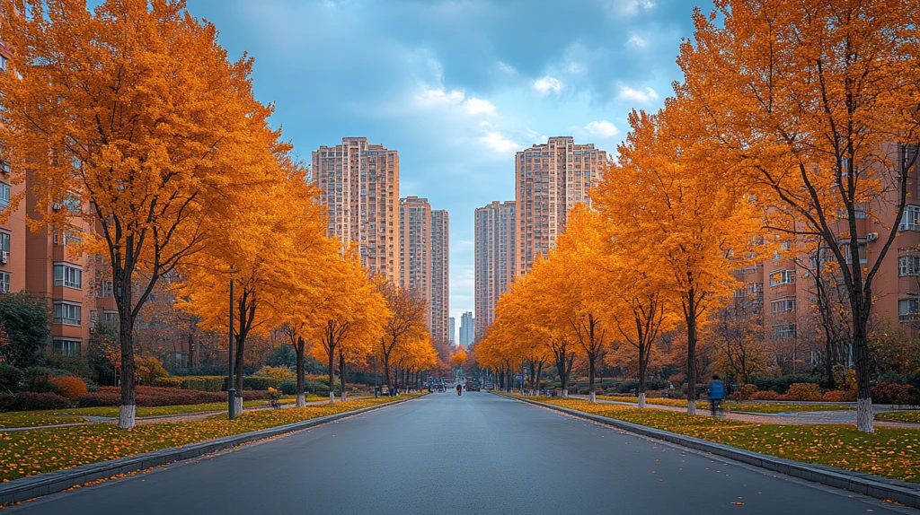 两旁金黄树木间的城市街道景象