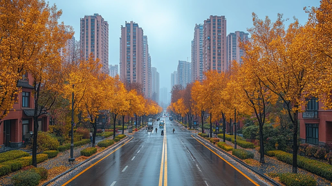 两旁金黄树木间的城市街道景象