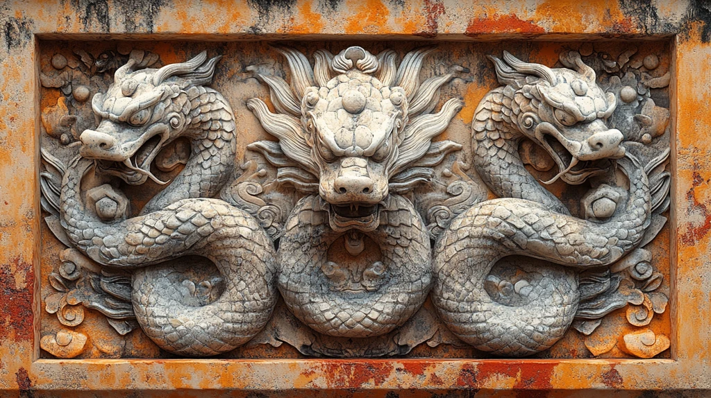 砖墙上带有双龙戏珠图案的浮雕