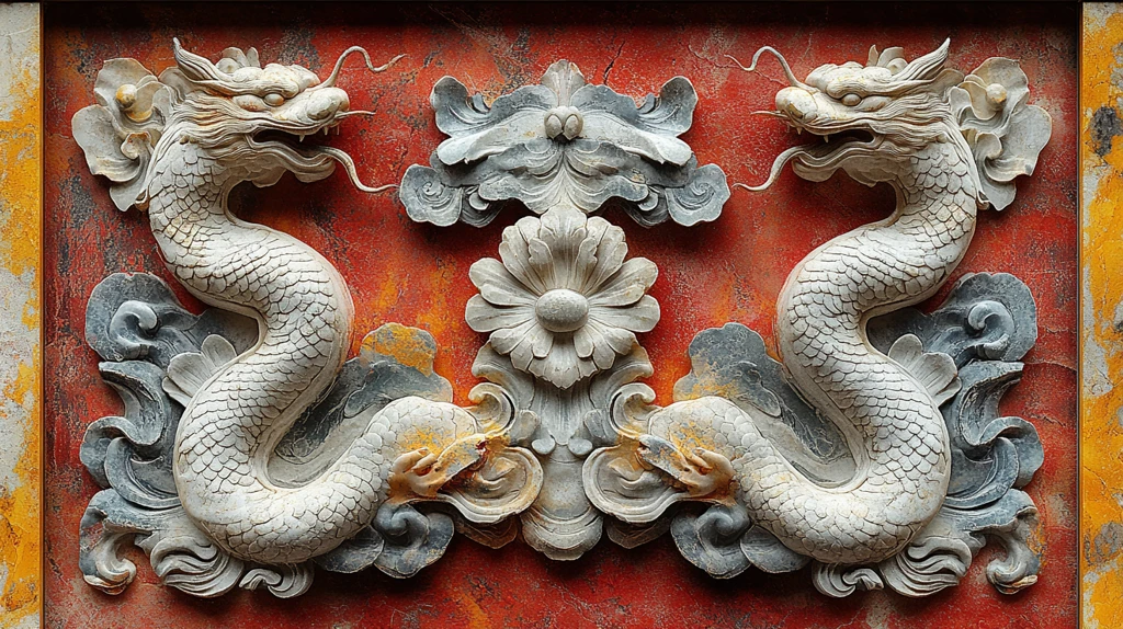 砖墙上带有双龙戏珠图案的浮雕