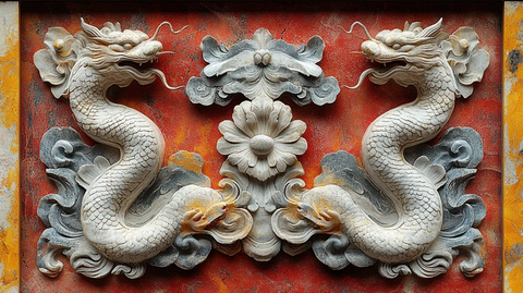 砖墙上带有双龙戏珠图案的浮雕