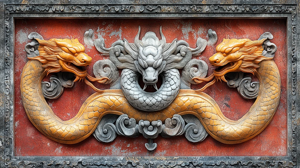 砖墙上带有双龙戏珠图案的浮雕