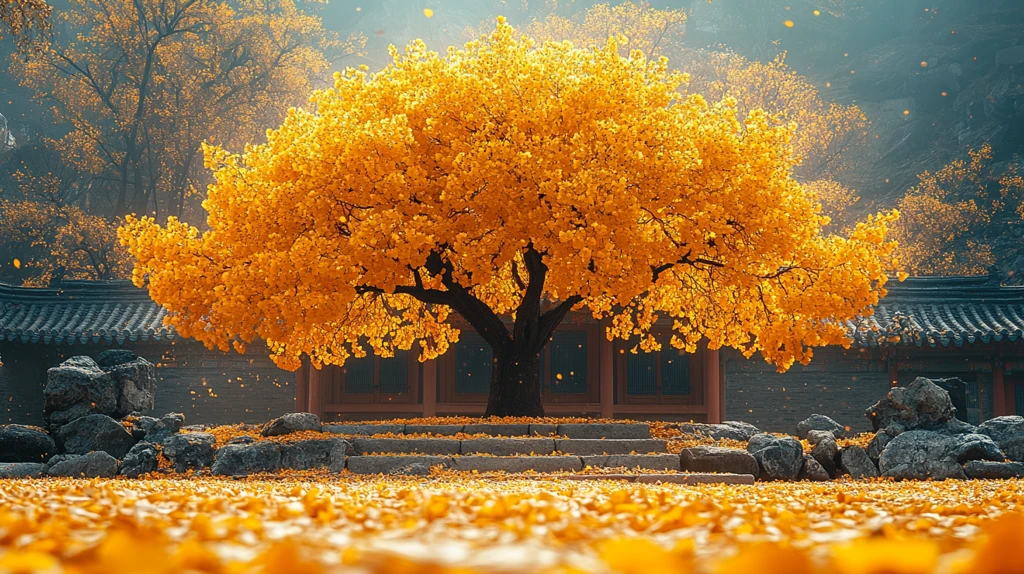 古建筑前的金黄银杏树