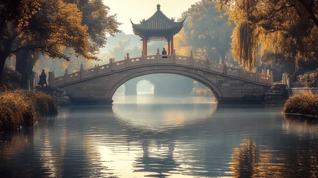 中式石桥上有人漫步的唯美场景