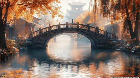 中式石桥上有人漫步的唯美场景