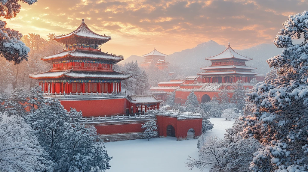 雪中故宫古建筑群的壮丽景象