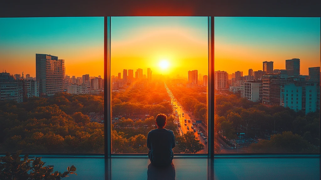 透过落地窗看城市景观和人群