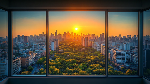 透过落地窗看城市景观和人群