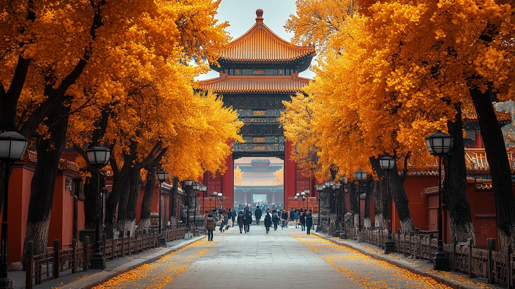 故宫午门秋景俯瞰人群涌动全景