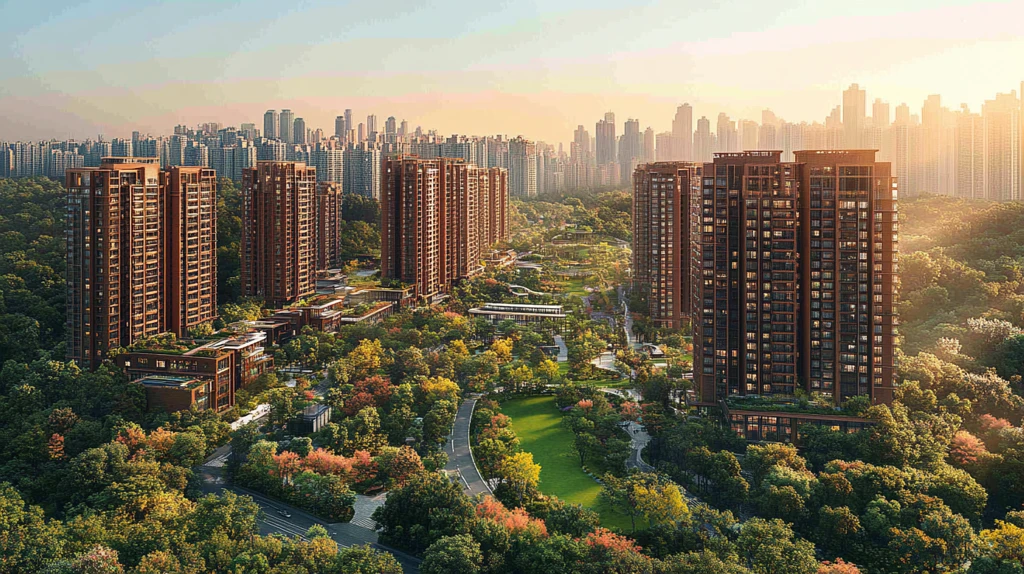 现代化城市道路及林立高楼鸟瞰全景