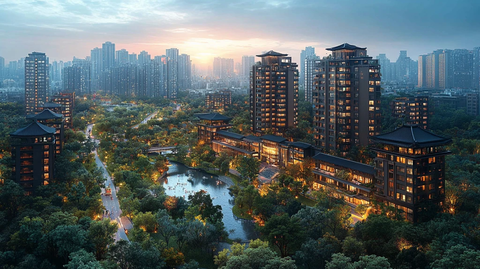 现代化城市道路及林立高楼鸟瞰全景