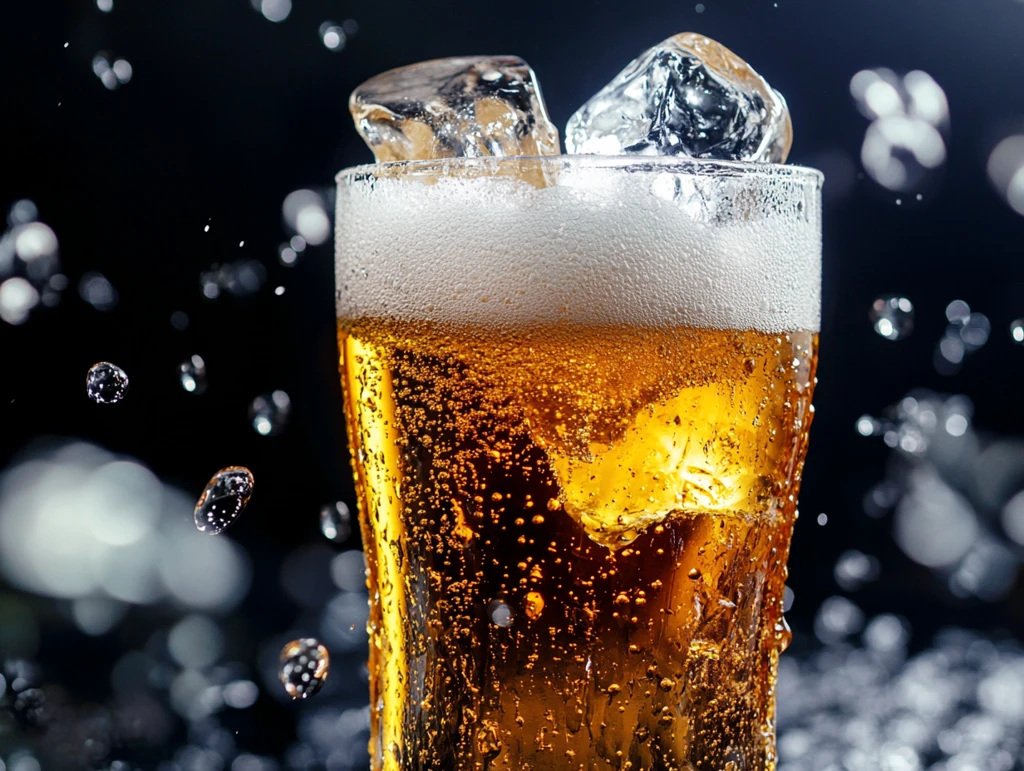 冰块中的啤酒特写