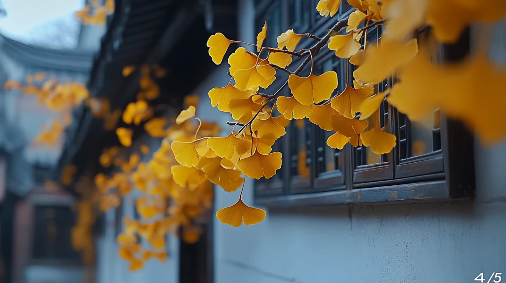银杏枝叶与古建筑墙面的结合