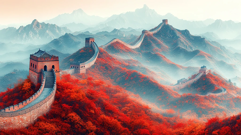 崇山峻岭间蜿蜒曲折的长城秋景