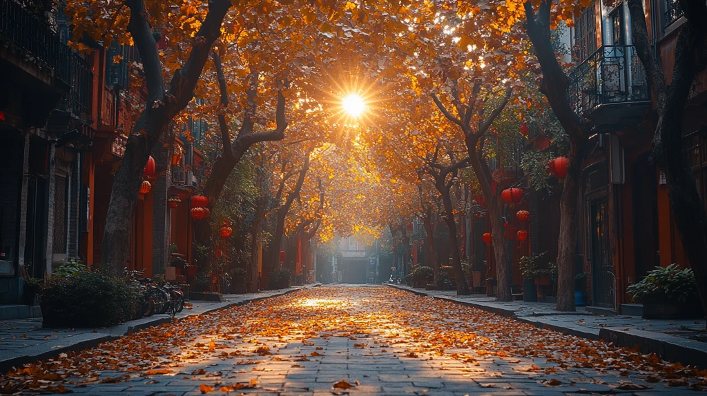 阳光洒下的落叶街道秋景