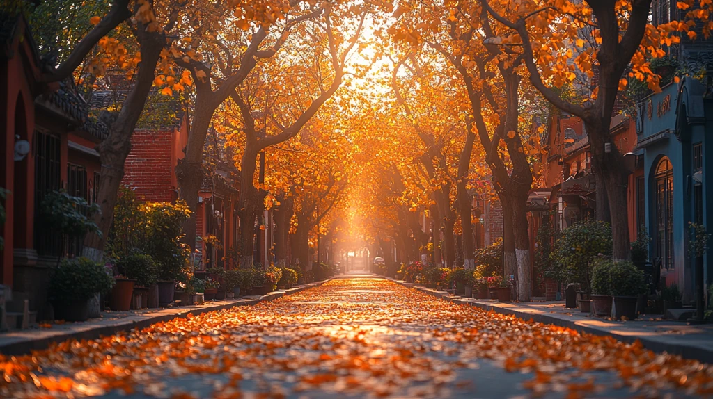 阳光洒下的落叶街道秋景