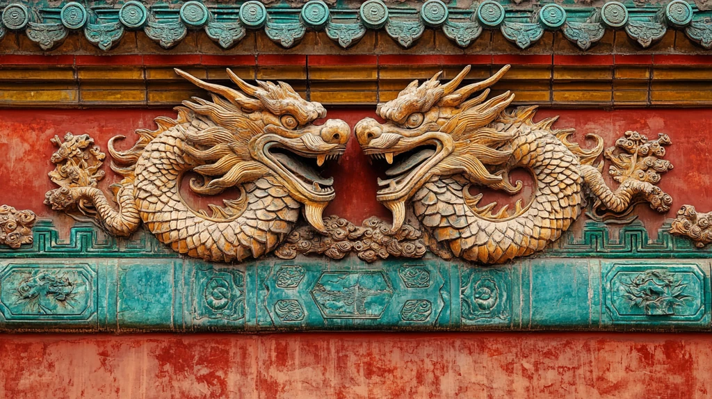 红墙上的龙头装饰尽显传统建筑魅力