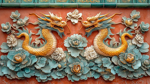 红墙上的龙头装饰尽显传统建筑魅力