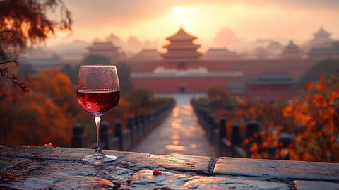 故宫石板路前景中的一杯红酒