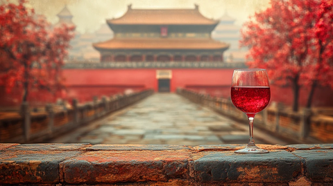 故宫石板路前景中的一杯红酒