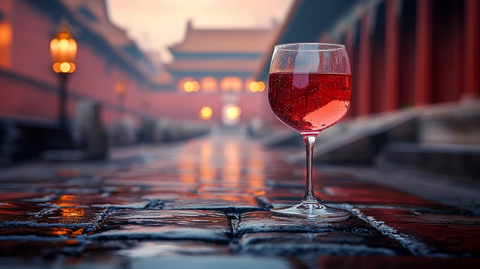 故宫石板路前景中的一杯红酒