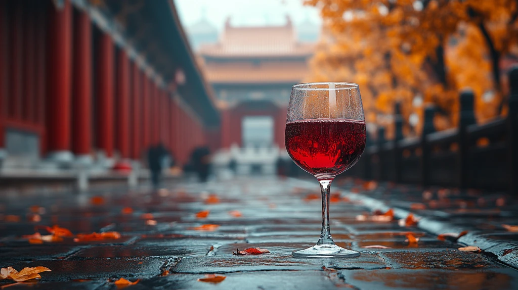 故宫石板路前景中的一杯红酒