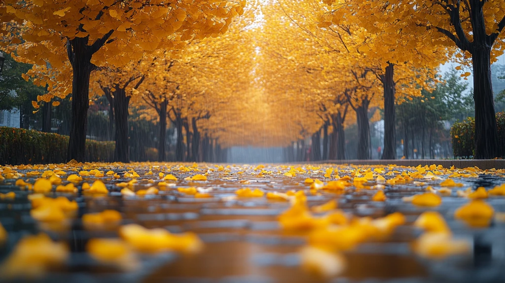 铺满金黄银杏叶的古建小道