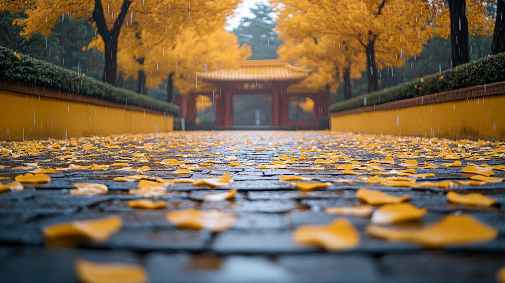 铺满金黄银杏叶的古建小道