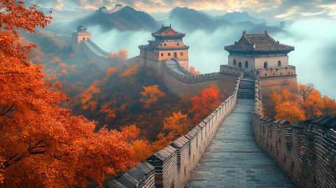 蜿蜒的长城及雄伟的烽火台壮观景象