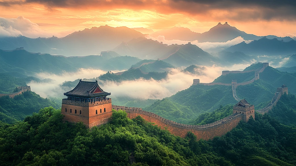 蜿蜒的长城及雄伟的烽火台壮观景象