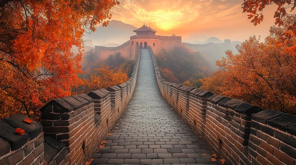 蜿蜒的长城及雄伟的烽火台壮观景象