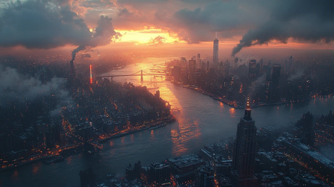 雾霭中的城市鸟瞰全景