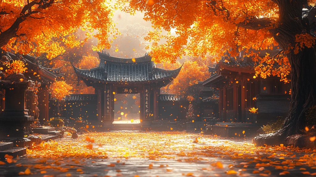 古建筑旁铺满黄叶的静谧小巷