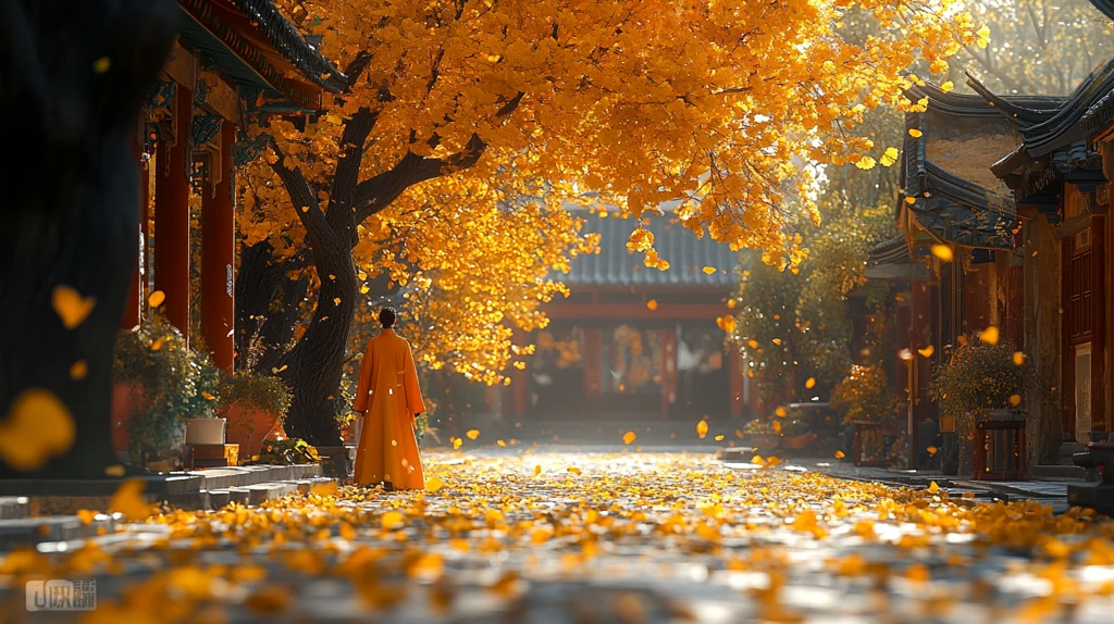 古建筑旁铺满黄叶的静谧小巷