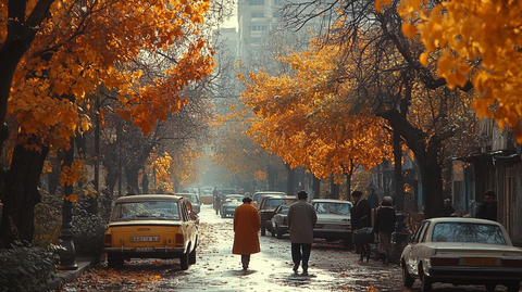 落叶街道上行走的人们与路边停靠的车辆