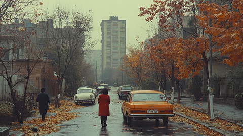 落叶街道上行走的人们与路边停靠的车辆