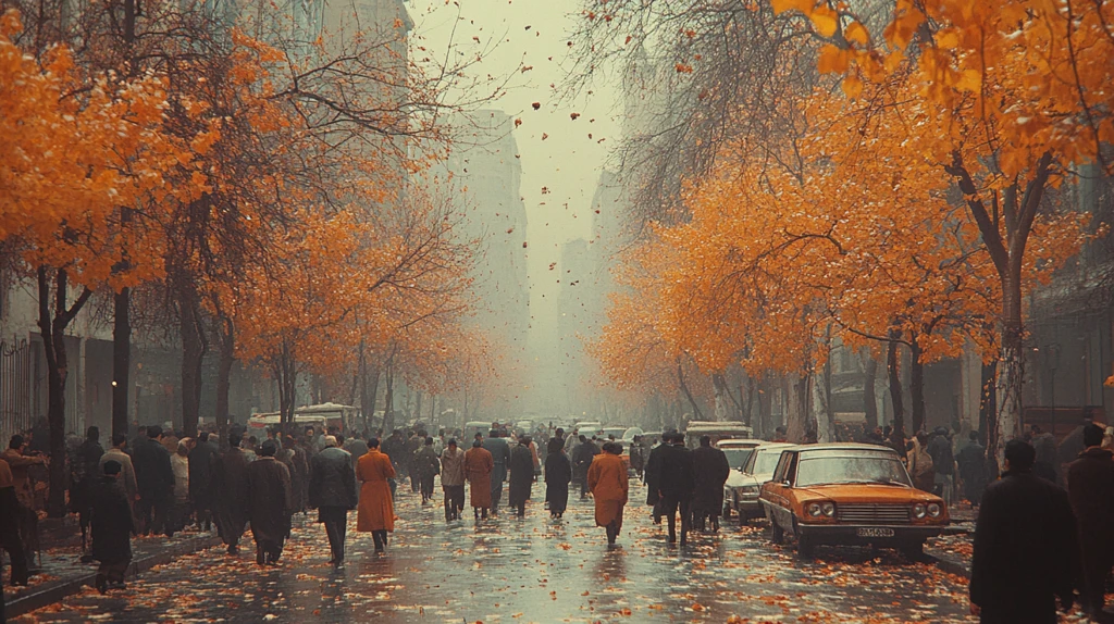 落叶街道上行走的人们与路边停靠的车辆