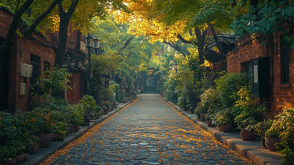 绿树成荫下的砖房小巷