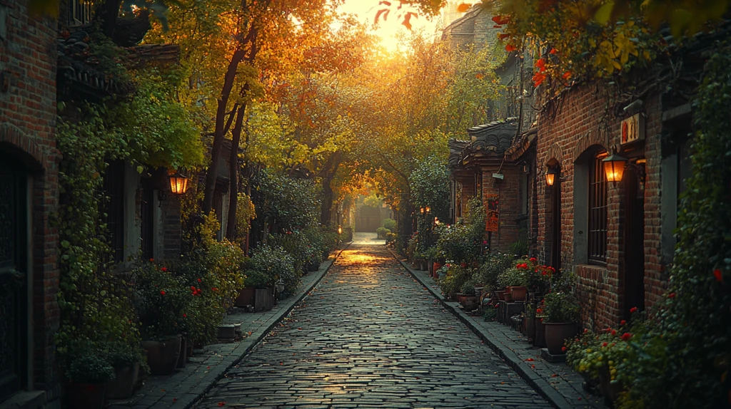 绿树成荫下的砖房小巷